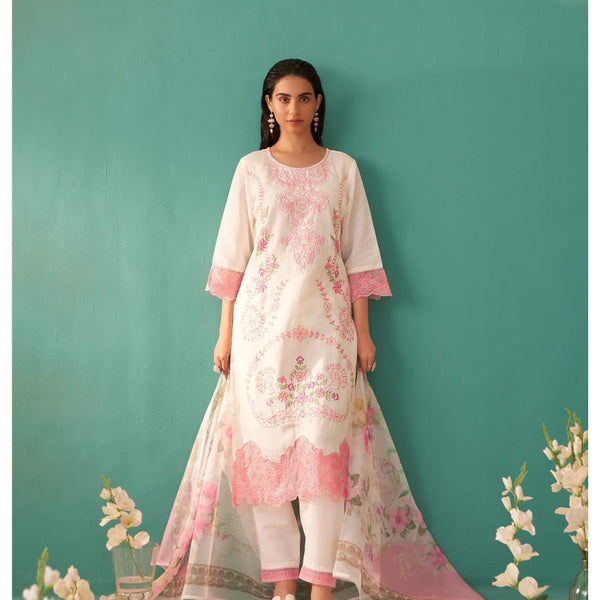 Mulson white Cotton Suit Set with Dupatta