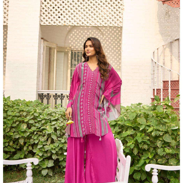 Pink Printed Kurta Set with Flared Pants & Dupatta