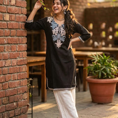 Women’s Teal Embroidered Straight Kurta with White Palazzo | Casual Cotton Ethnic Wear