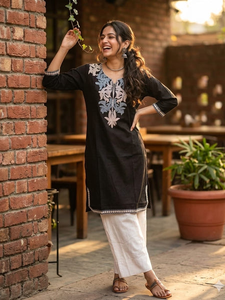 Women’s Teal Embroidered Straight Kurta with White Palazzo | Casual Cotton Ethnic Wear