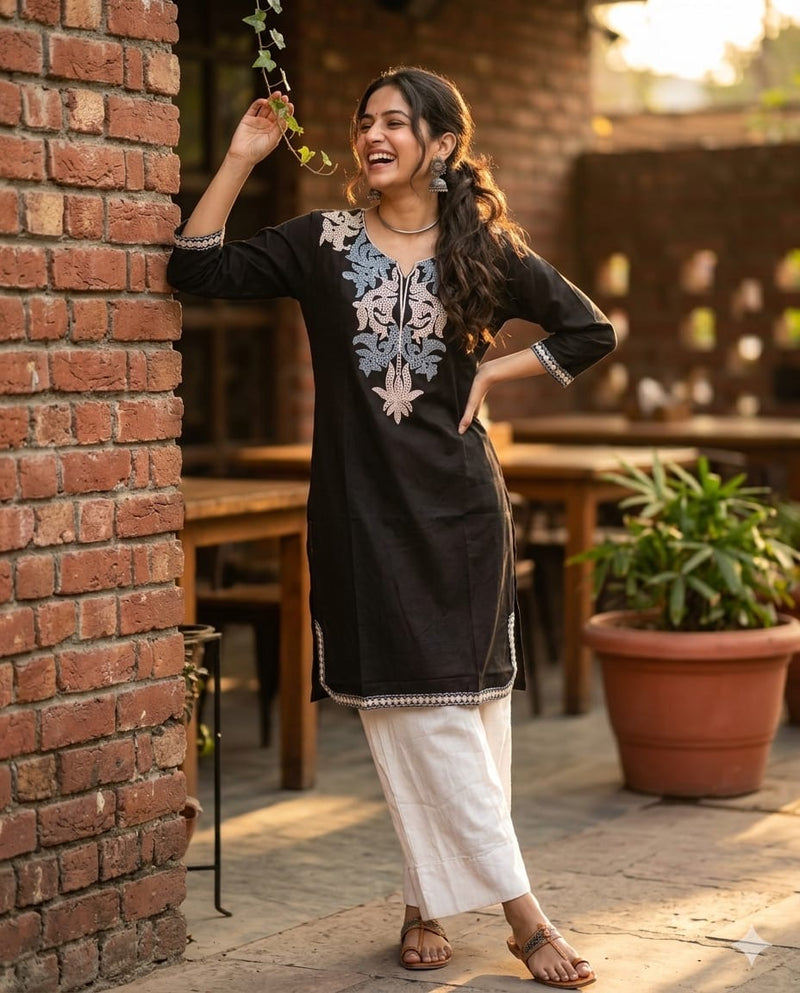 Women’s Teal Embroidered Straight Kurta with White Palazzo | Casual Cotton Ethnic Wear