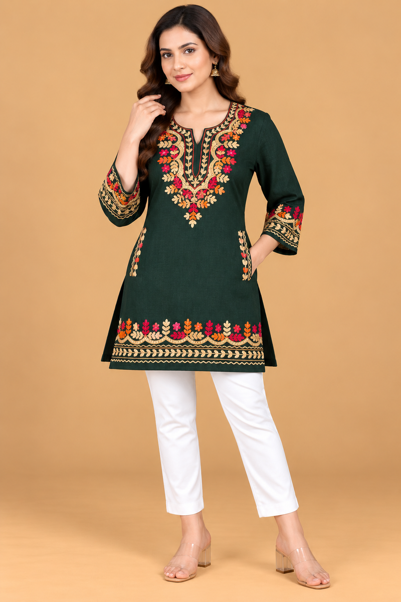 Multicolour Floral Embroidered Short Kurti for Women