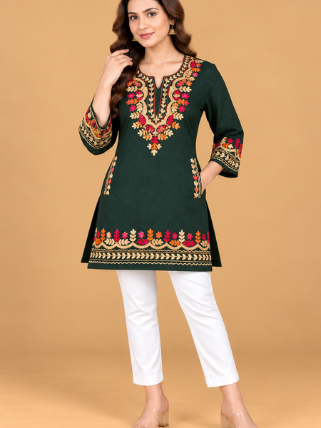 Multicolour Floral Embroidered Short Kurti for Women