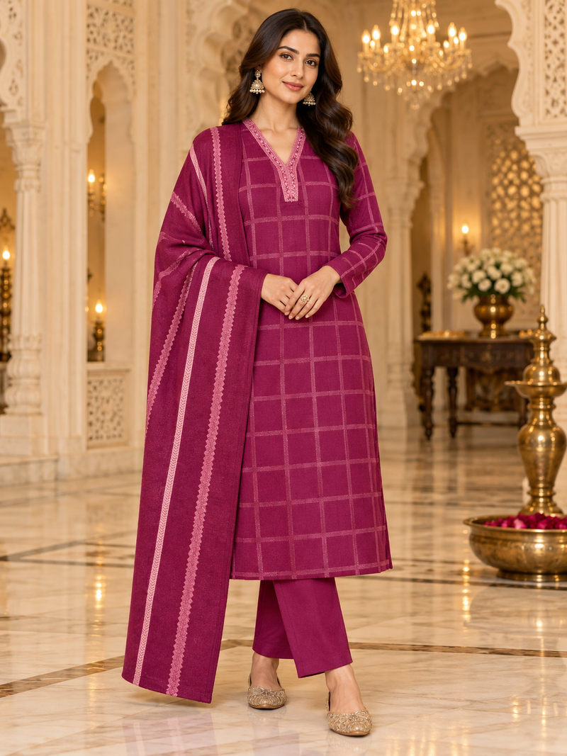 Checkered Winter Suit Set with Dupatta