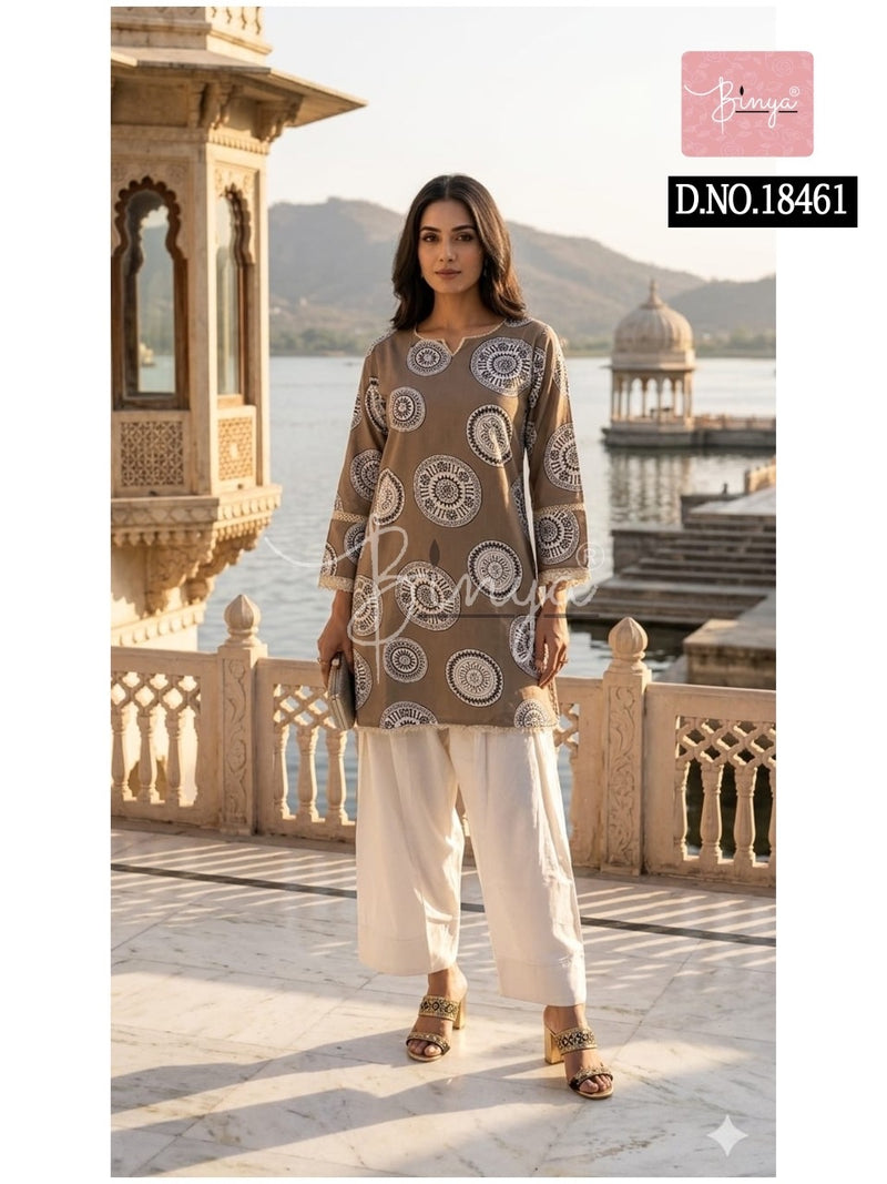 Ivory Brown Printed Kurta with Cream Palazzo Set for Women | Elegant Cotton Ethnic Co-Ord Set