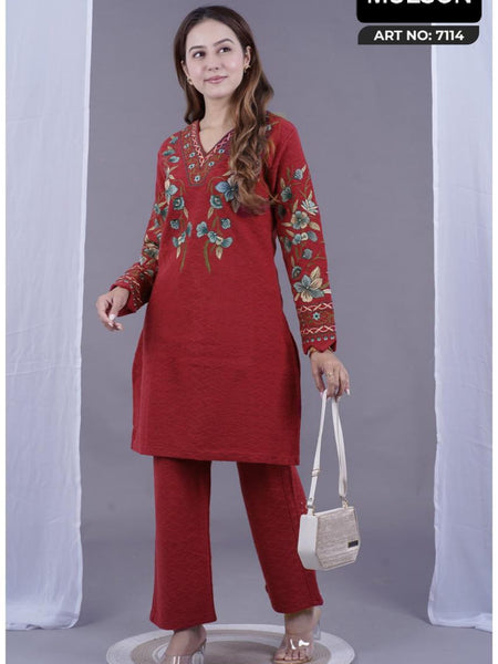 Stay effortlessly elegant with this premium embroidered winter suit in royal plum. Designed with intricate floral thread work on a warm, soft fabric – perfect for everyday comfort and festive charm.