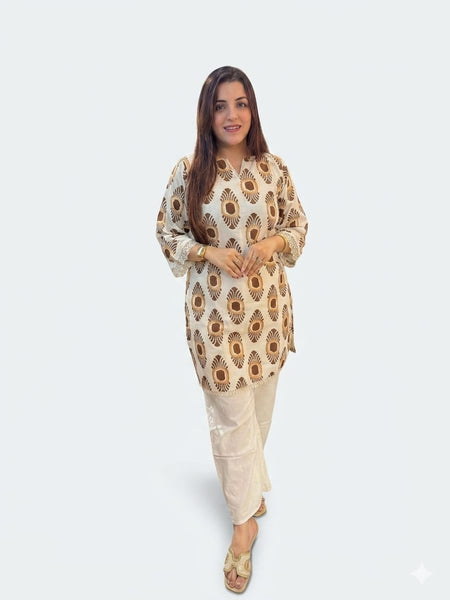 Ivory Brown Printed Kurta with Cream Palazzo Set for Women | Elegant Cotton Ethnic Co-Ord Set