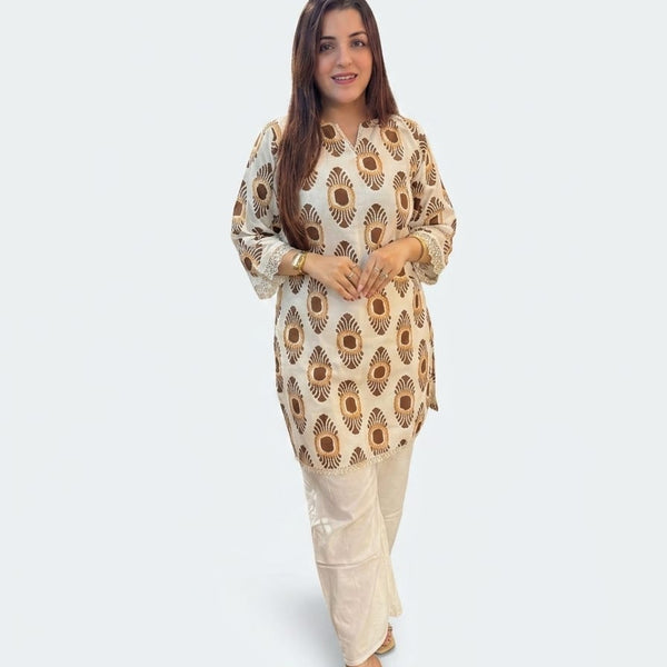 Ivory Brown Printed Kurta with Cream Palazzo Set for Women | Elegant Cotton Ethnic Co-Ord Set