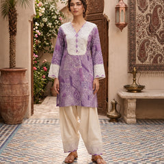 Women’s Lavender Cotton Printed Patiala Suit Set with Lace Work | Ethnic Kurta, Patiala Salwar & Dupatta