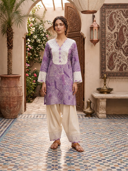 Women’s Lavender Cotton Printed Patiala Suit Set with Lace Work | Ethnic Kurta, Patiala Salwar & Dupatta