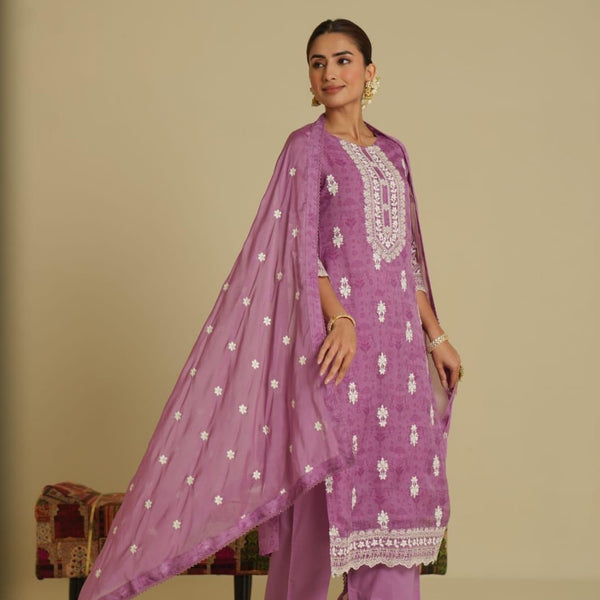 Lavender Suit Set Cotton Embroidered