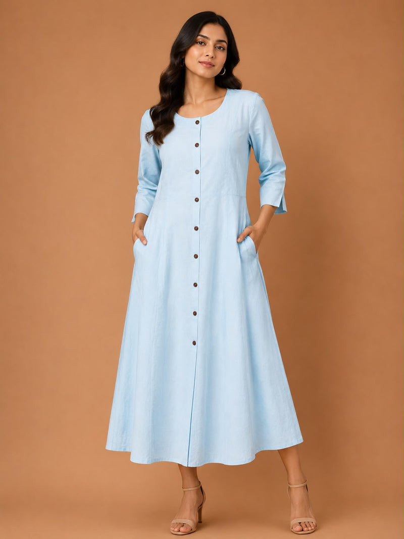 Women’s Sky Blue Button-Down A-Line Maxi Dress with Pockets | Casual Cotton Dress for Women