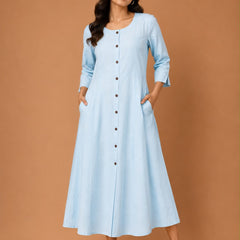 Women’s Sky Blue Button-Down A-Line Maxi Dress with Pockets | Casual Cotton Dress for Women
