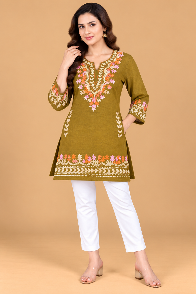Multicolour Floral Embroidered Short Kurti for Women
