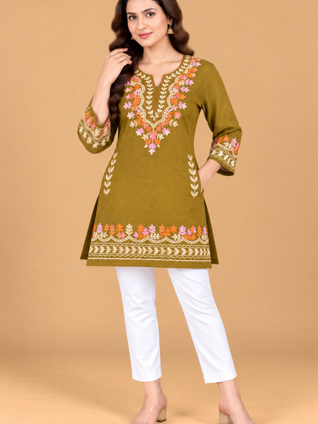 Multicolour Floral Embroidered Short Kurti for Women
