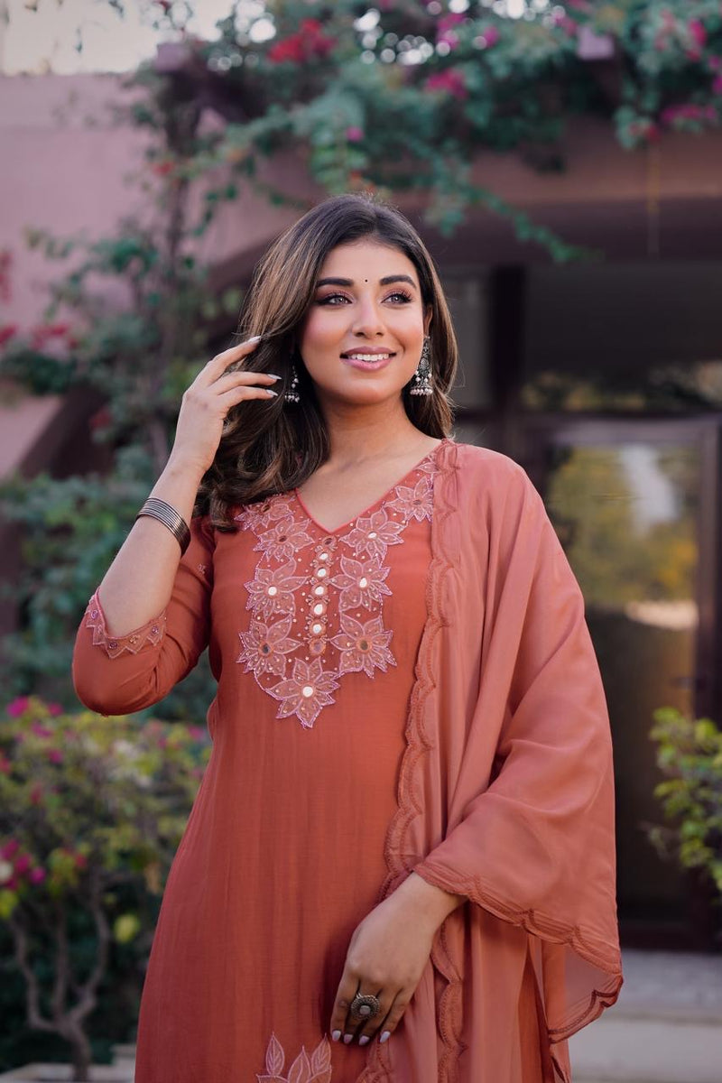 Premium Mul Chanderi Appliqué & Mirror Work Kurta Set with Dupatta