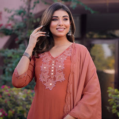 Premium Mul Chanderi Appliqué & Mirror Work Kurta Set with Dupatta