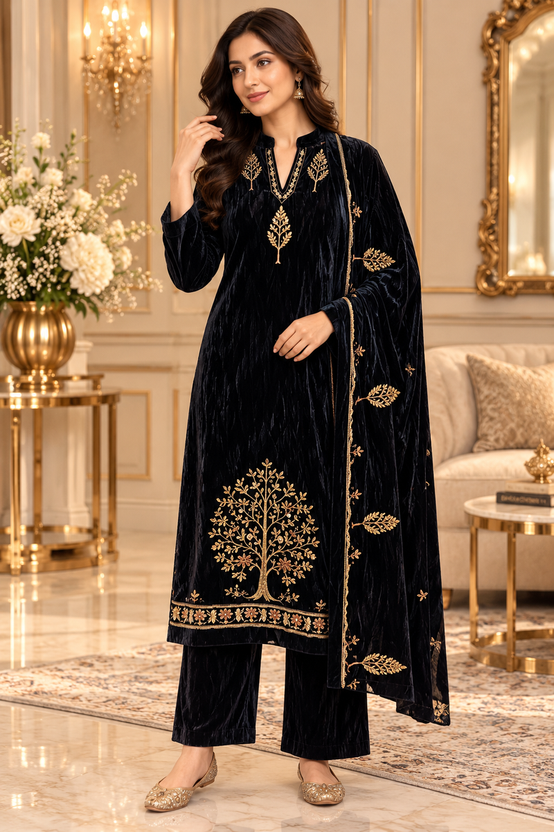 Velvet Tree Embroidered 3-Piece Suit Set