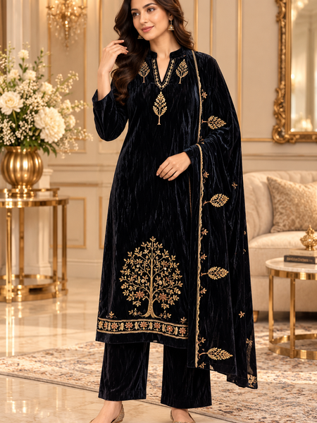Velvet Tree Embroidered 3-Piece Suit Set
