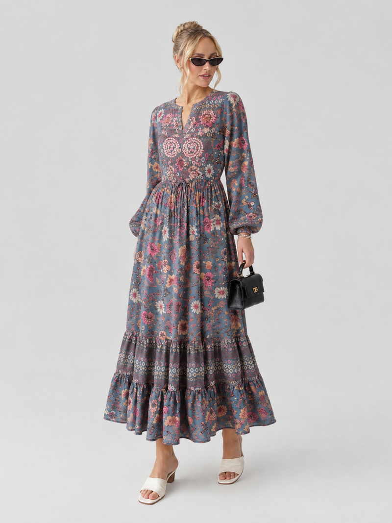 Women’s Grey Floral Printed Maxi Dress | Long Sleeve Boho Tiered Dress for Women