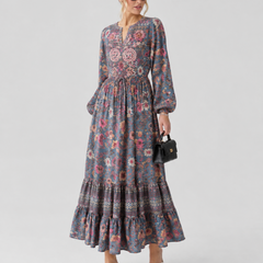 Women’s Grey Floral Printed Maxi Dress | Long Sleeve Boho Tiered Dress for Women