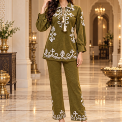 Wool Co-ord Set with White Embroidery
