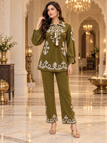 Wool Co-ord Set with White Embroidery