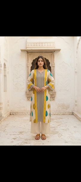 Mulson Ivory Leaf Stripe Kurta Set
