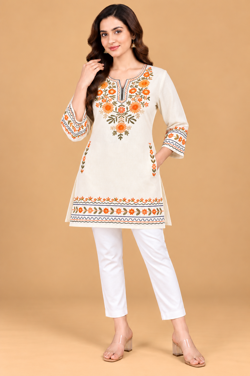 Multicolour Floral Embroidered Short Kurti for Women