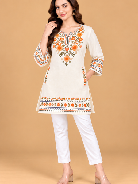 Multicolour Floral Embroidered Short Kurti for Women