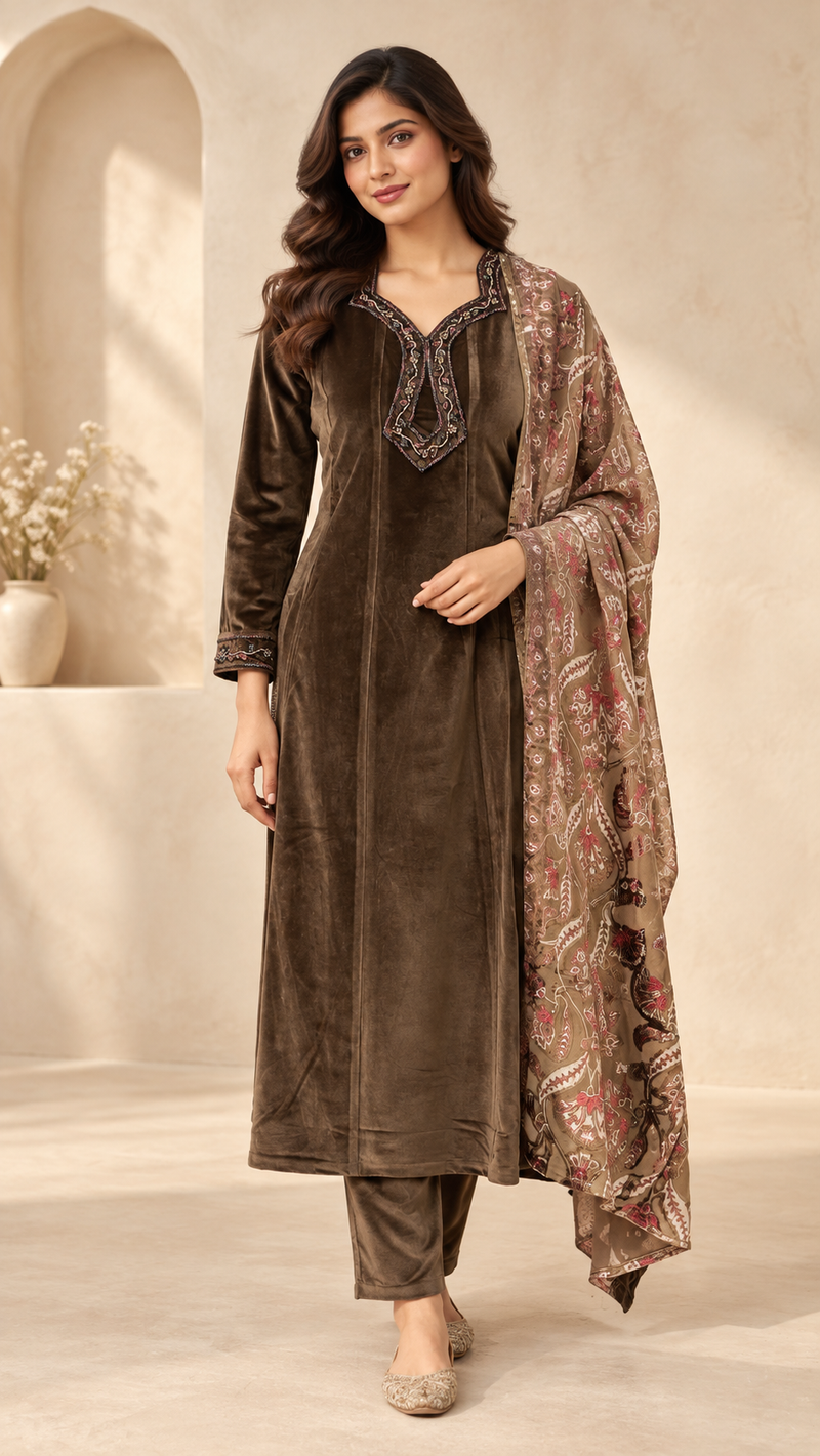 Velvet Embroidered Suit Set with Printed Dupatta