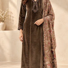 Velvet Embroidered Suit Set with Printed Dupatta