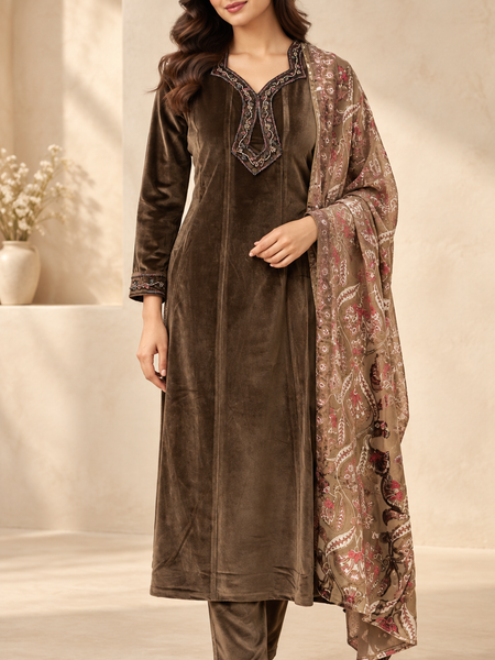 Velvet Embroidered Suit Set with Printed Dupatta