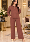 Textured Knit Collared Co-ord Set with Wide-Leg Pants for Women