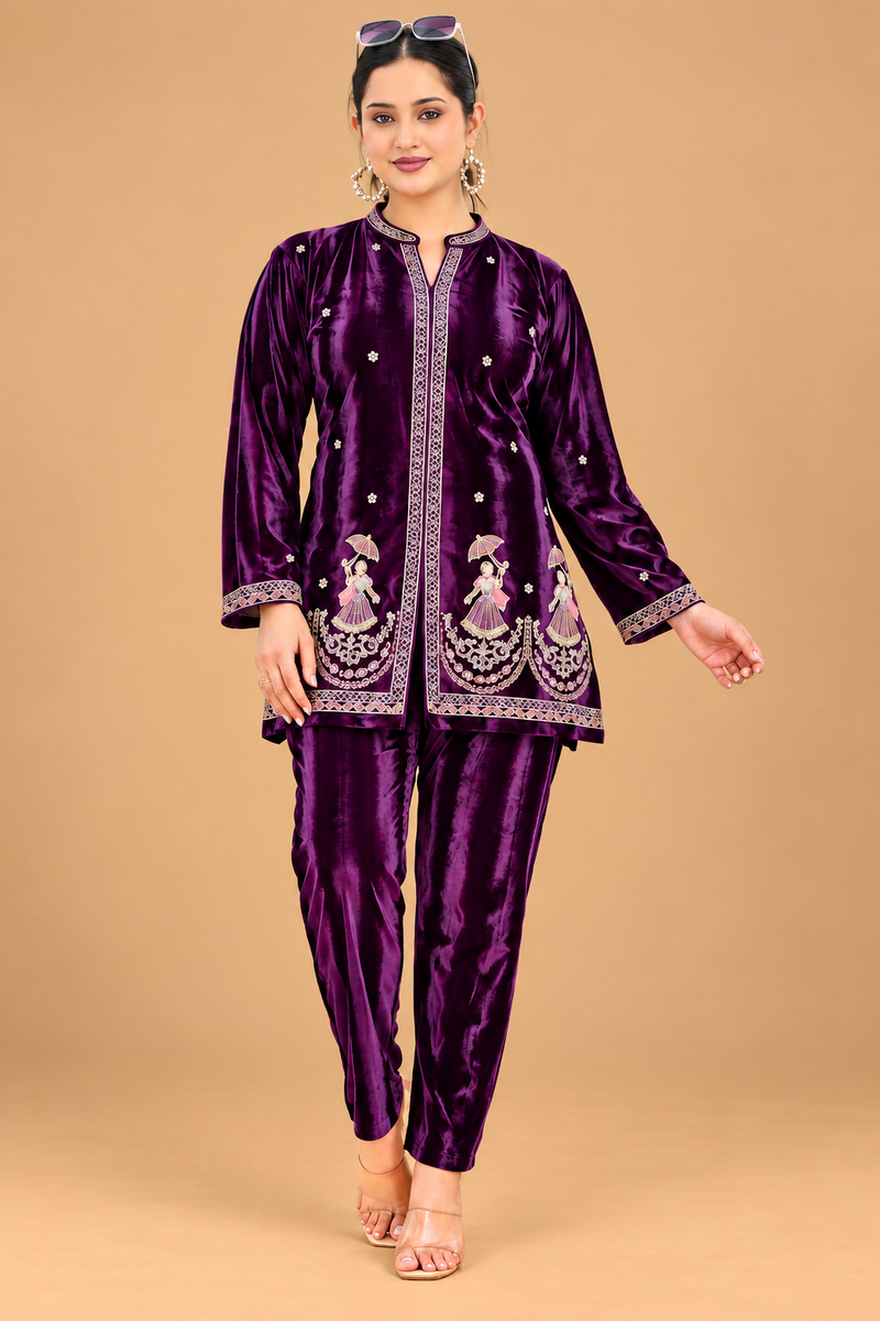 Royal Purple Velvet Embroidered Co-ord Set for Women