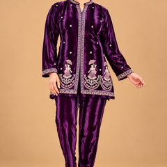Royal Purple Velvet Embroidered Co-ord Set for Women