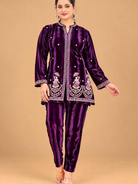Royal Purple Velvet Embroidered Co-ord Set for Women