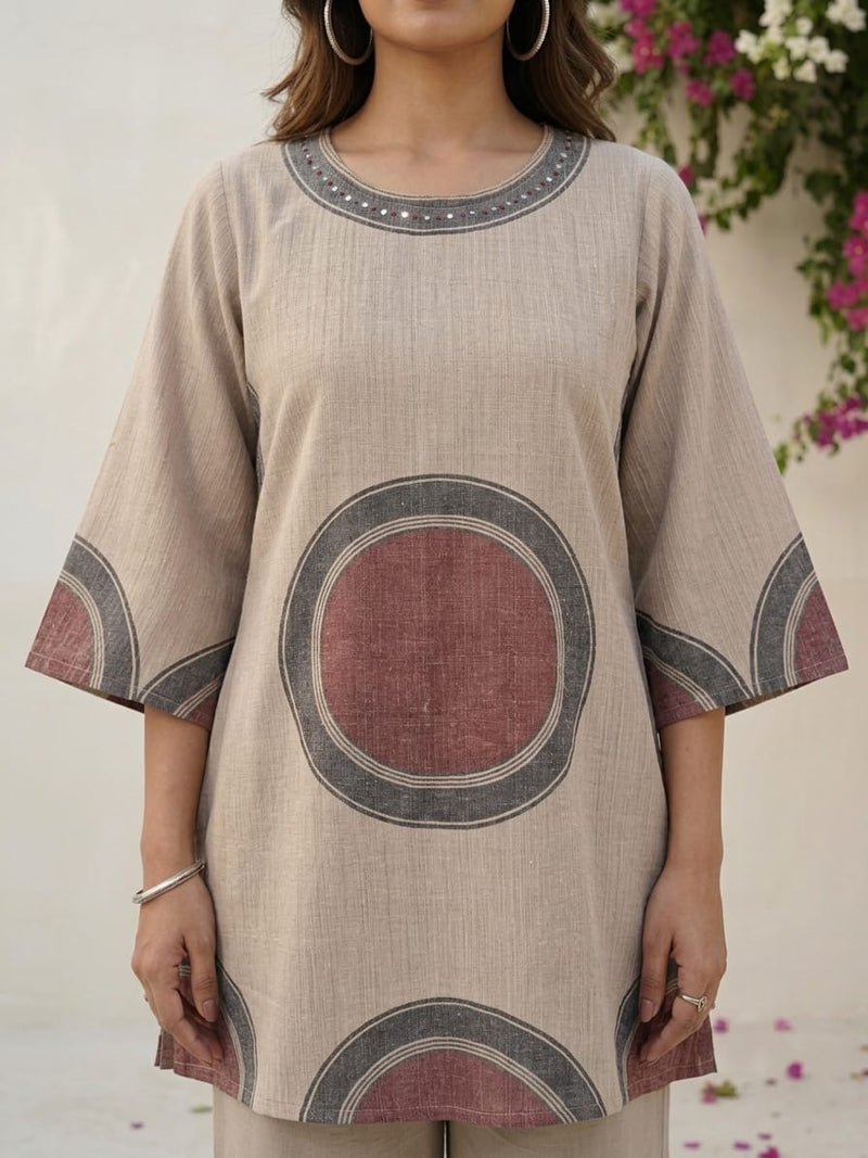 Beige Printed Co-Ord Set for Women | Contemporary Ethnic Kurta & Palazzo Set