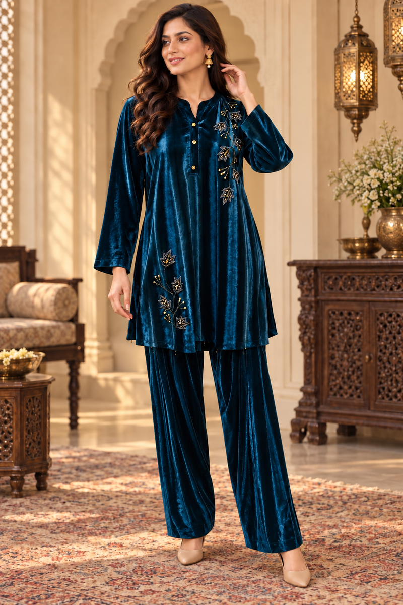 Embroidered Velvet Farshi Co-ord Set