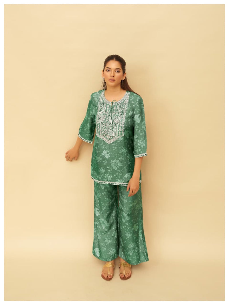 Women’s Printed Kurta Palazzo Set with Embroidered Neckline