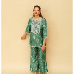 Women’s Printed Kurta Palazzo Set with Embroidered Neckline