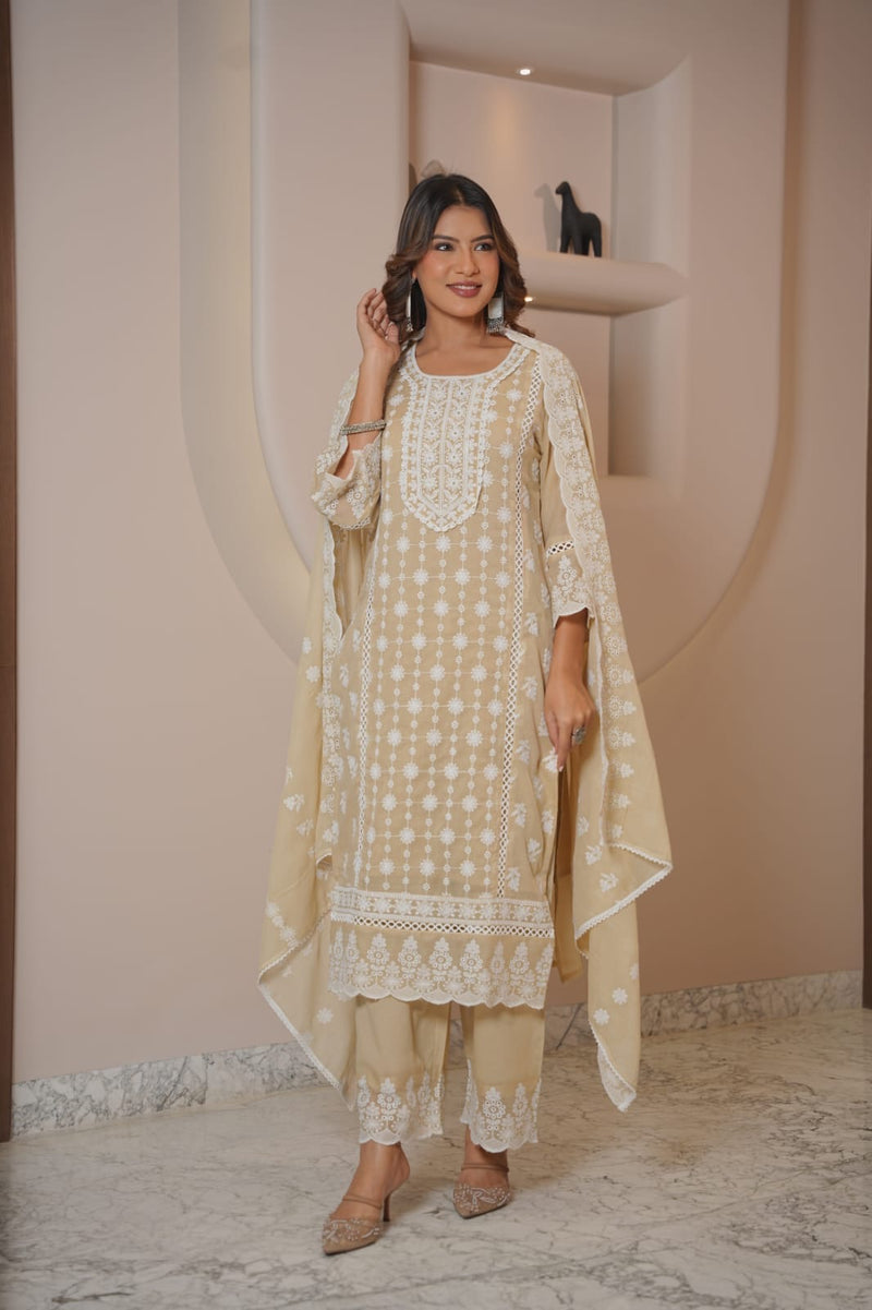 Blush Pink Chikankari Embroidered Cotton Suit Set with Dupatta for Women | Elegant Ethnic Wear