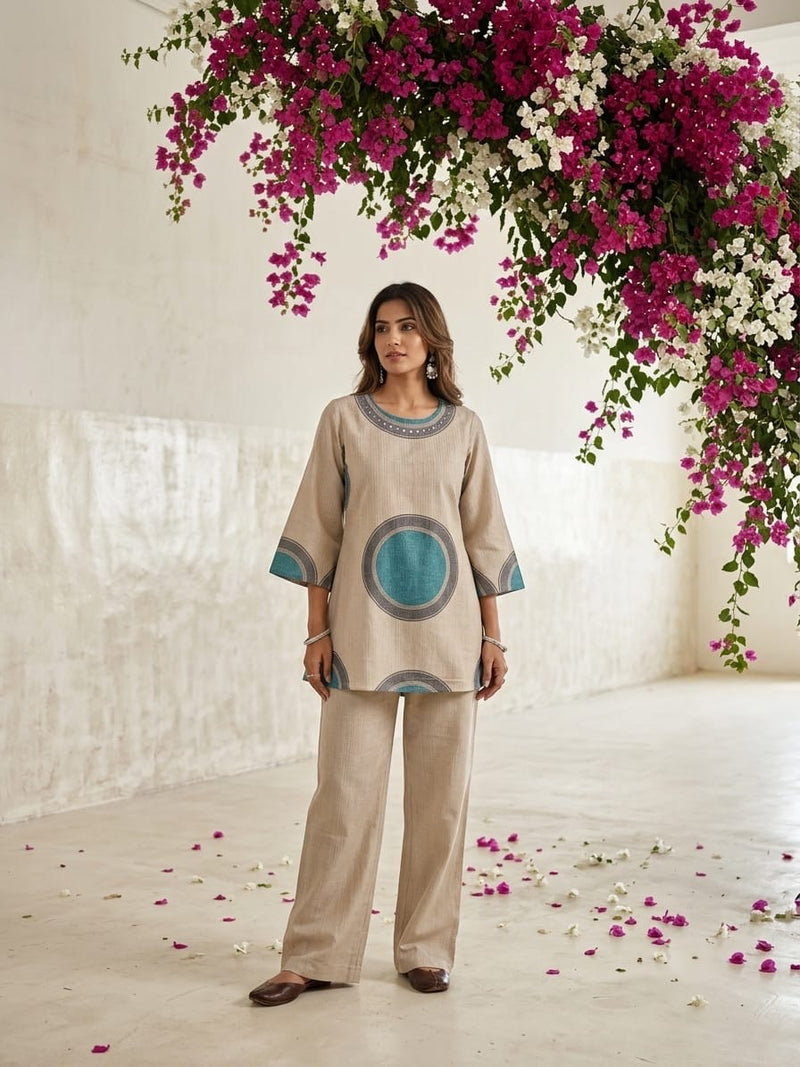 Beige Printed Co-Ord Set for Women | Contemporary Ethnic Kurta & Palazzo Set