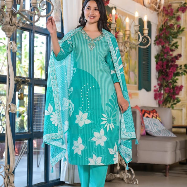 Cotton Suit Set Floral Printed  with Dupatta