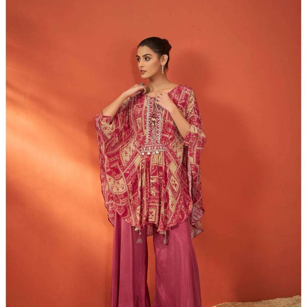 Maroon & Beige Printed Rayon Embroidered Kaftan Kurta Set – Kaftan Top & Palazzo (2-Piece Set)