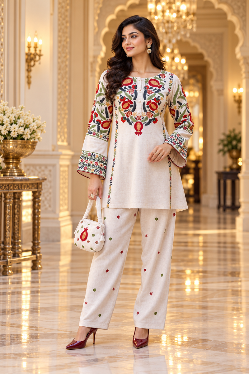 Ivory Kashmiri Embroidered Kurta Pant Co-ord Set