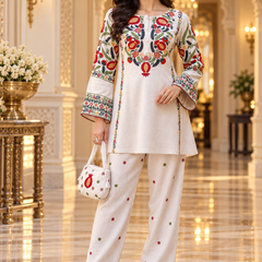 Ivory Kashmiri Embroidered Kurta Pant Co-ord Set