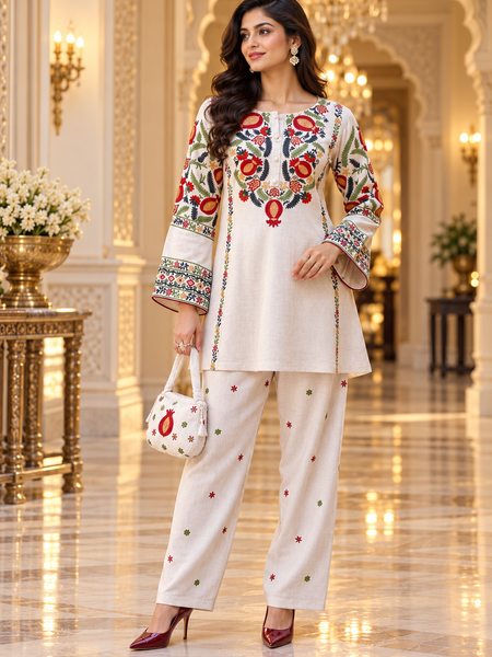 Ivory Kashmiri Embroidered Kurta Pant Co-ord Set