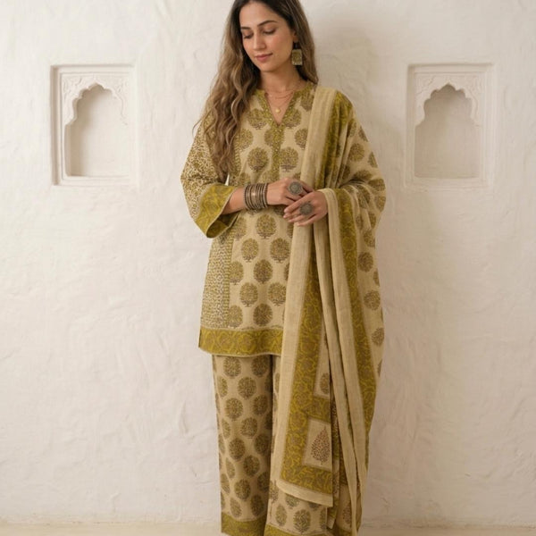 Rustic Olive ,Lime green , with rich teal  Handblock Suit Set