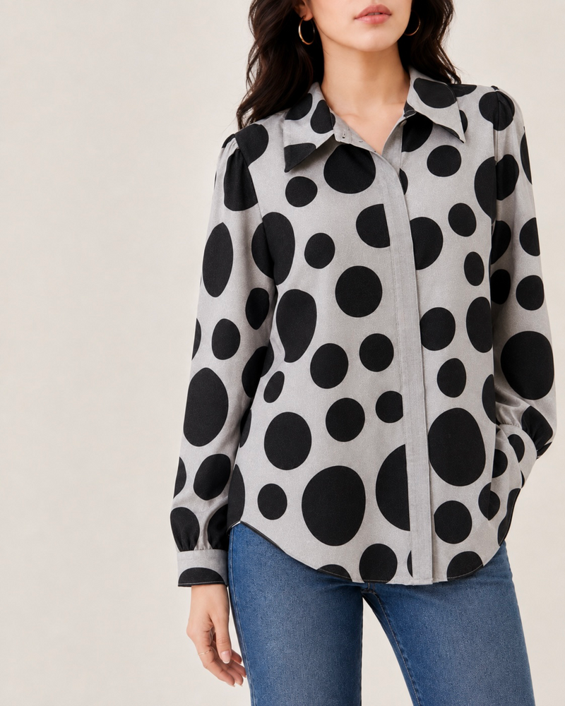 Women’s Grey Black Polka Dot Shirt | Full Sleeve Printed Casual Top for Women